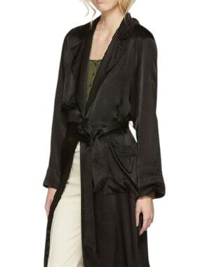 NWOT Raquel Allegra Liquid Satin Trench Coat 3 L Black Rayon